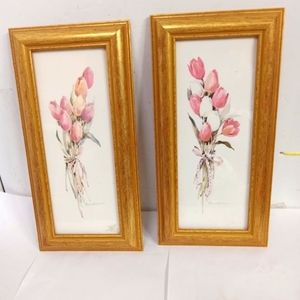 2 Gold Framed Pink Botanica Roses Bouquet Signed Art Wall Decor  6x12"